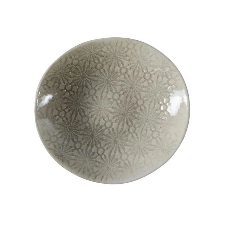 Eclectic Wonki Ware handcrafted stoneware salsa dish with a grey floral pattern on a white background