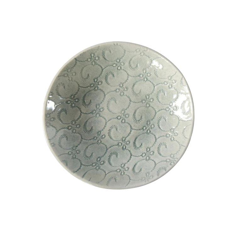 Eclectic Wonki Ware handcrafted stoneware salsa dish with a grey swirl pattern, top-down view.