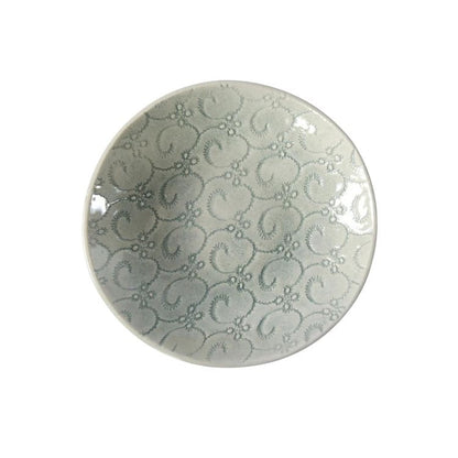 Eclectic Wonki Ware handcrafted stoneware salsa dish with a grey swirl pattern, top-down view.