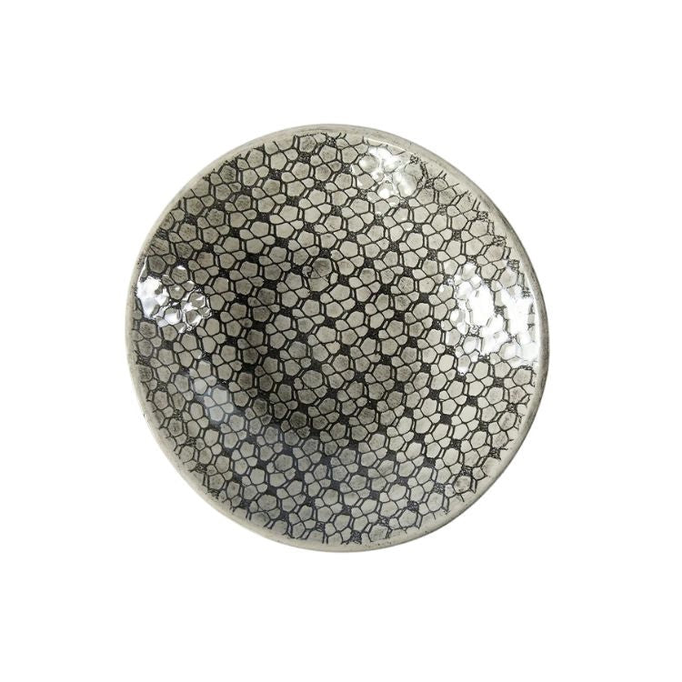 Eclectic Wonki Ware handcrafted stoneware salsa dish with a unique grey and black geometric pattern