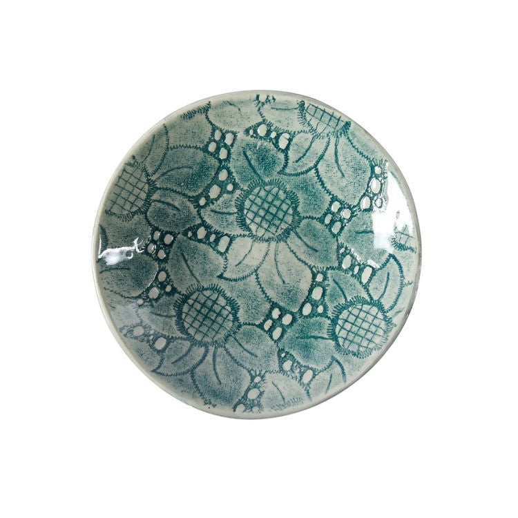 Eclectic Wonki Ware small round stoneware salsa dish with a unique teal and white floral lace pattern