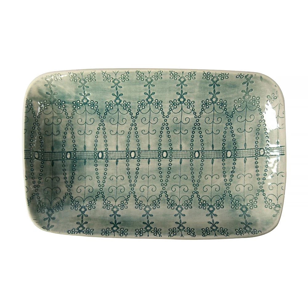 Eclectic Wonki Ware rectangular stoneware roasting platter with a unique hand-impressed teal lace pattern