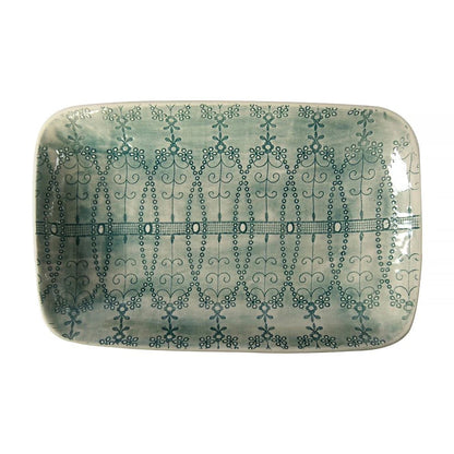 Eclectic Wonki Ware rectangular stoneware roasting platter with a unique hand-impressed teal lace pattern