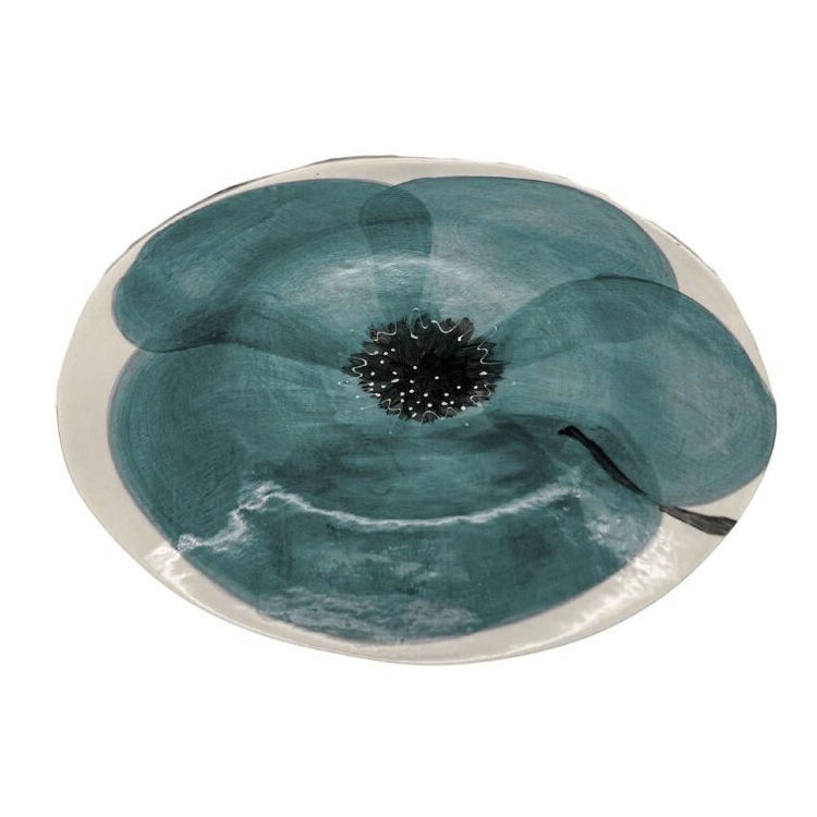 Eclectic Wonki Ware oval stoneware bowl featuring a hand-painted teal poppy motif on a cream background.