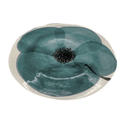Eclectic Wonki Ware oval stoneware bowl featuring a hand-painted teal poppy motif on a cream background.