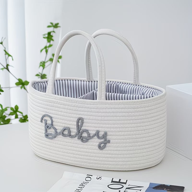 Eclectic white woven cotton rope baby storage basket with grey Baby embroidery and striped interior lining
