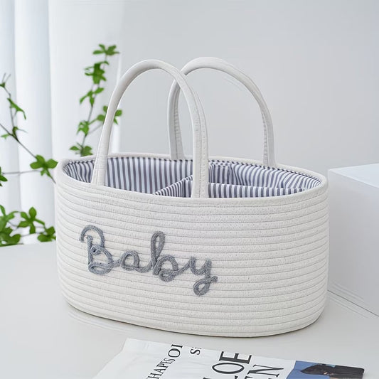 Eclectic white woven cotton rope baby storage basket with grey Baby embroidery and striped interior lining