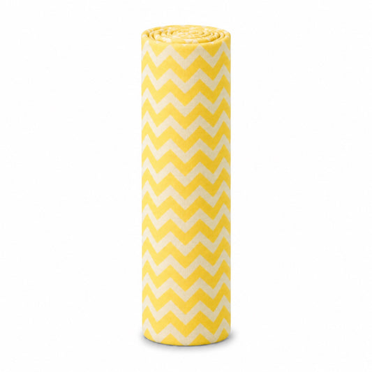 Eclectic rolled yellow and white chevron cotton flannel baby blanket with a soft brushed finish.