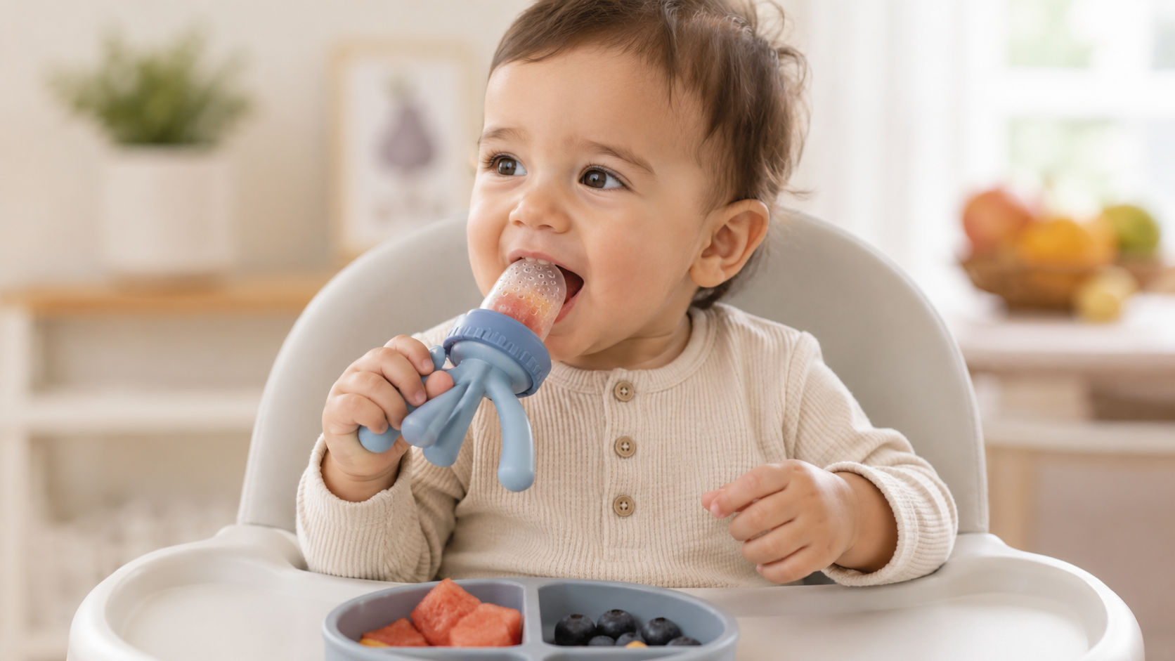 Baby sitting in a high chair using a blue food feeder.
