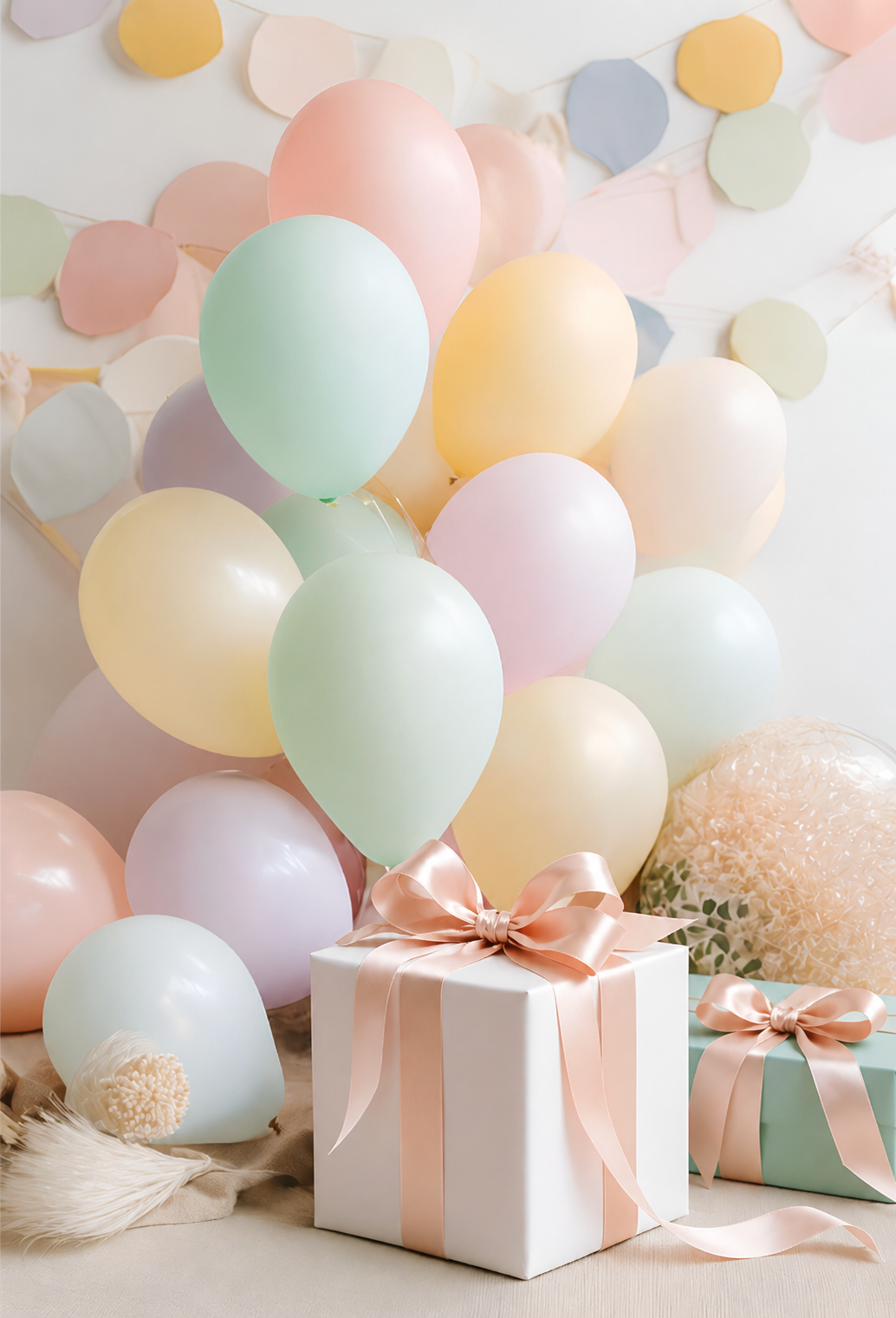 Pastel balloons and wrapped gifts for birthdays, celebrations, and special occasions.