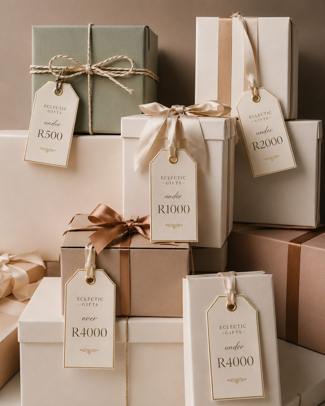 Luxury wrapped gifts with price tags for different gift budgets.