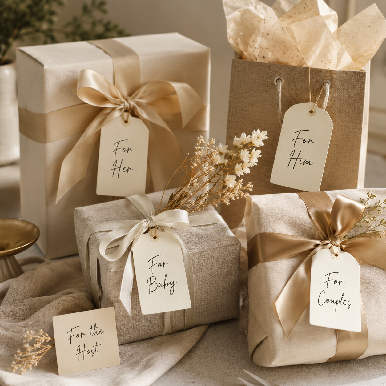 Wrapped gifts with tags for different recipients including her, him, baby, couple, and host.