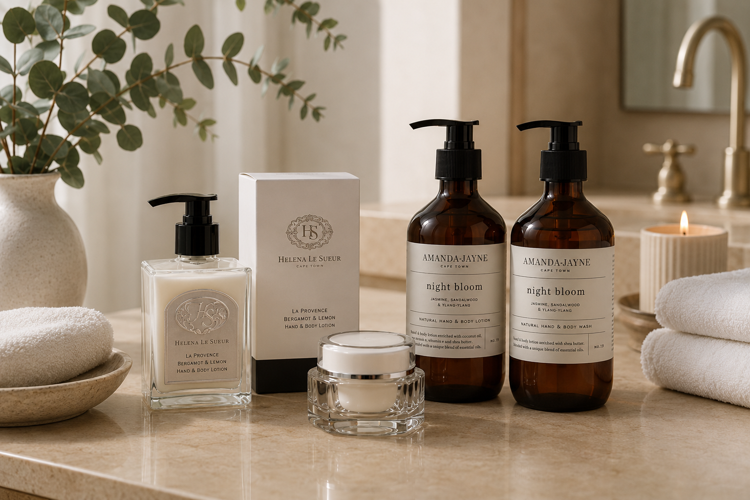 Hand and body lotions displayed with pump bottles, cream jar, towels, plant, and candle in a bathroom setting.