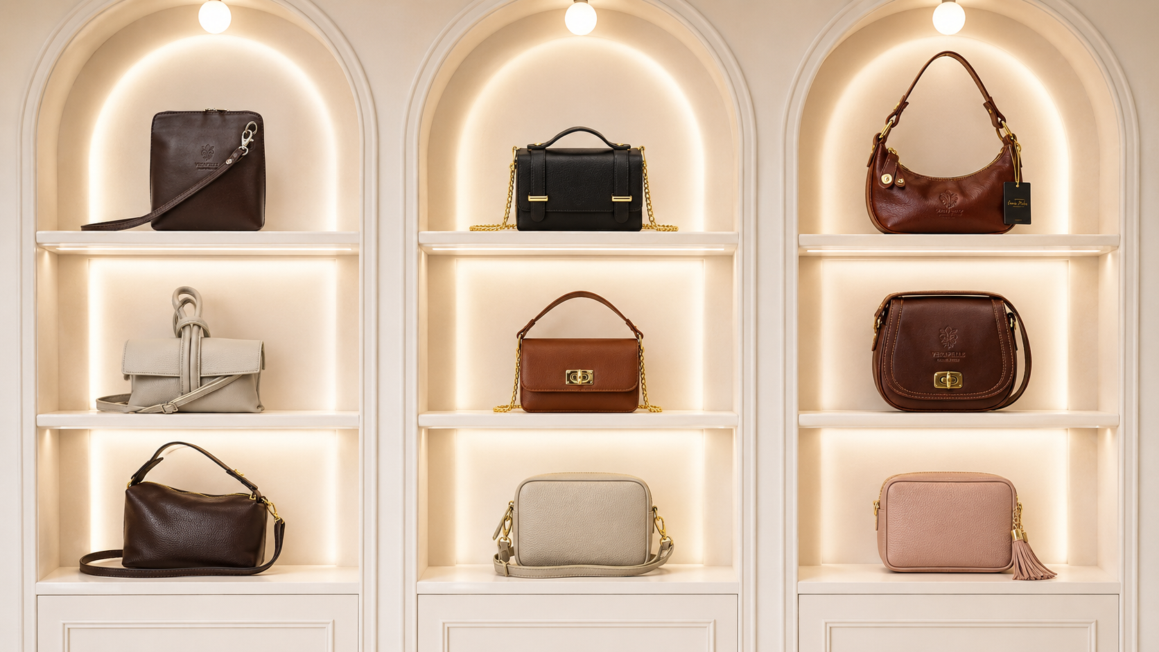 Leather handbags displayed on illuminated shelves in neutral and brown tones.