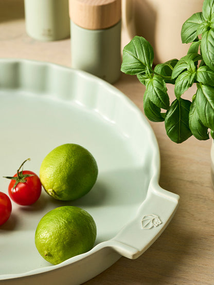 Peugeot Appolia ceramic tart dish sage green detail

