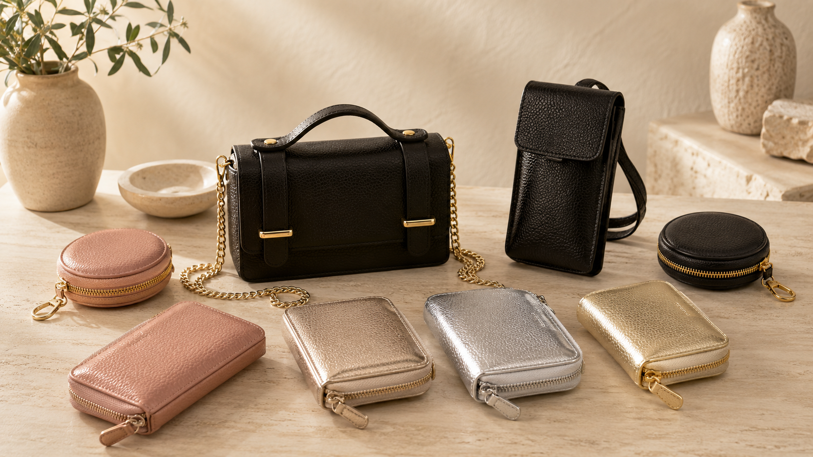Leather purses and pouches in black, pink, gold, and silver displayed on a marble surface.