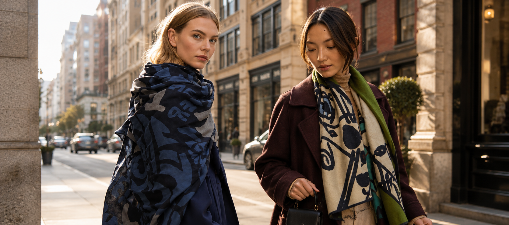 Two women wearing colourful patterned scarves on a city street.