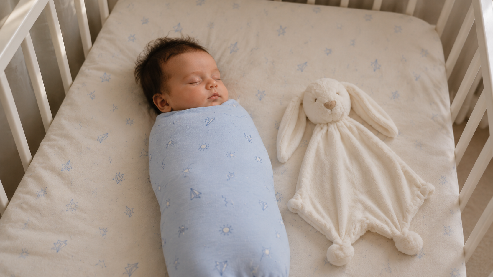 Sleeping baby wrapped in a blue swaddle beside a soft bunny comfort toy in a crib.