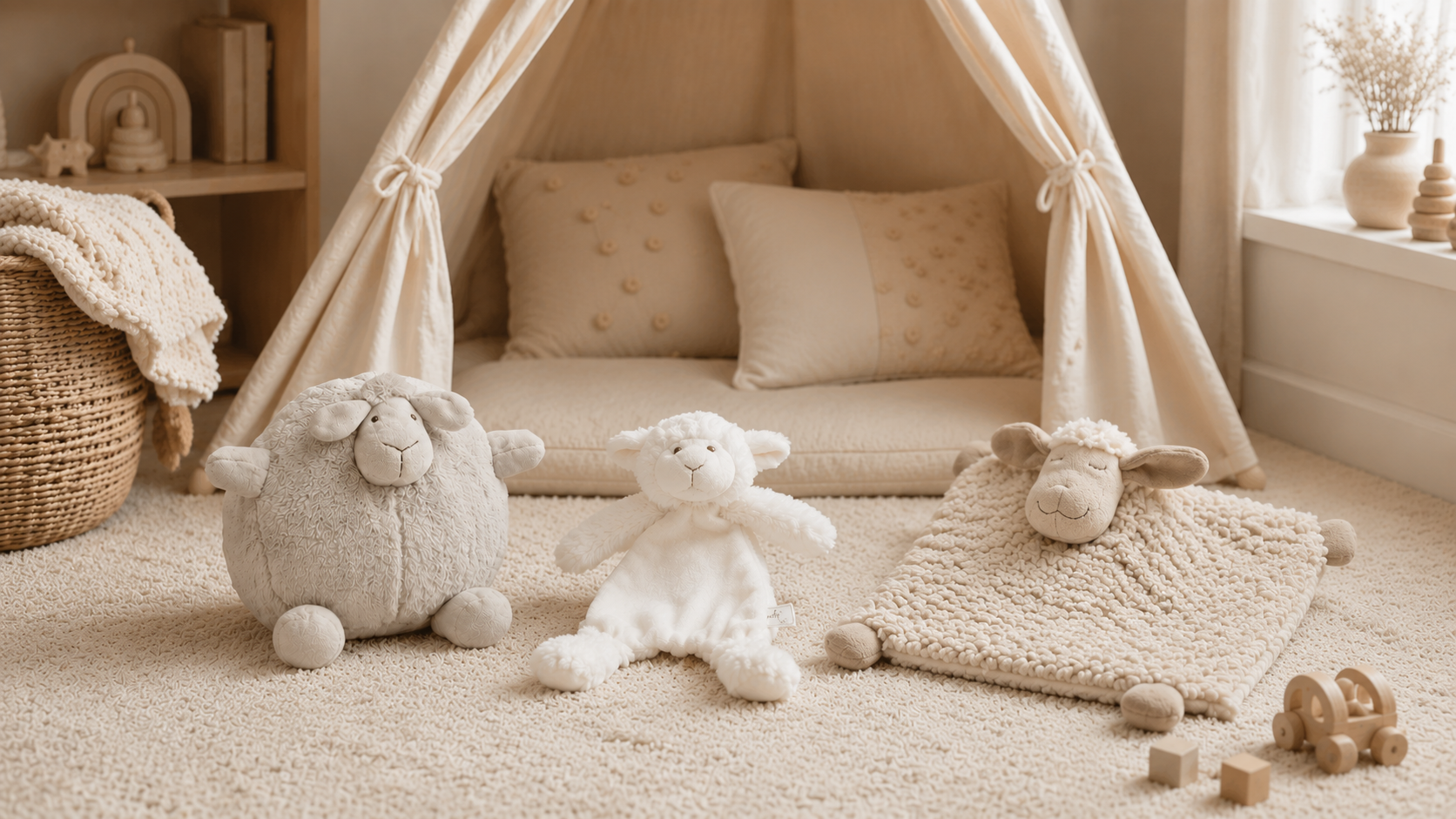 Soft sheep toys arranged in a cozy neutral nursery play area.