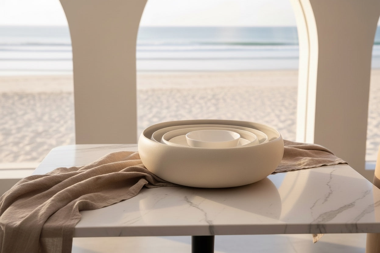 White sculptural statement bowls arranged on a table with soft linen.