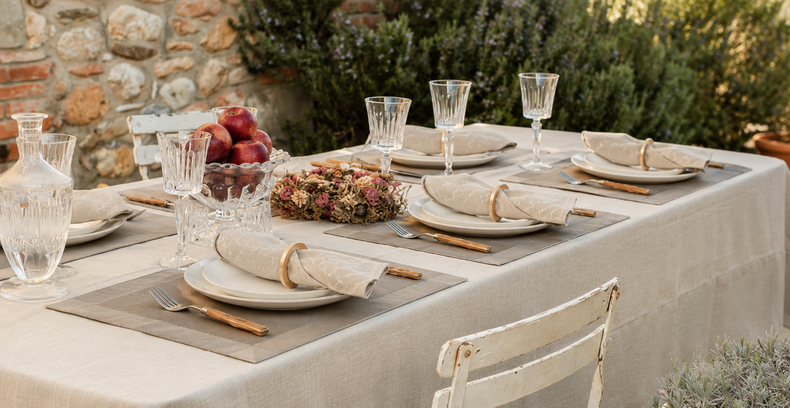 Outdoor table setting with tablecloth, placemats, napkins, glassware, plates, and floral centrepiece.