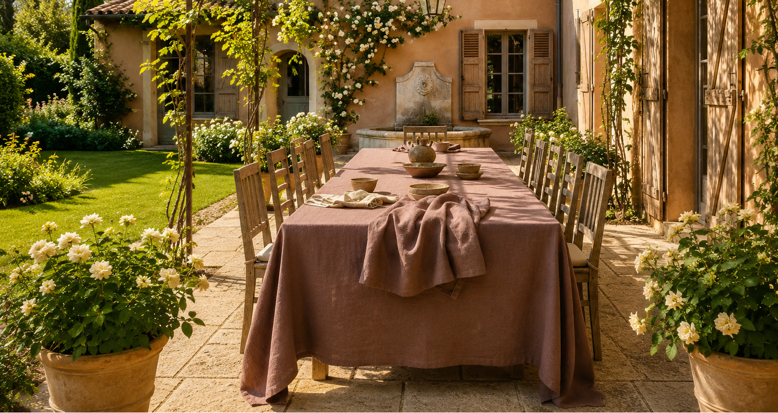 Outdoor dining table with a rose tablecloth, wooden chairs, bowls, and garden flowers.