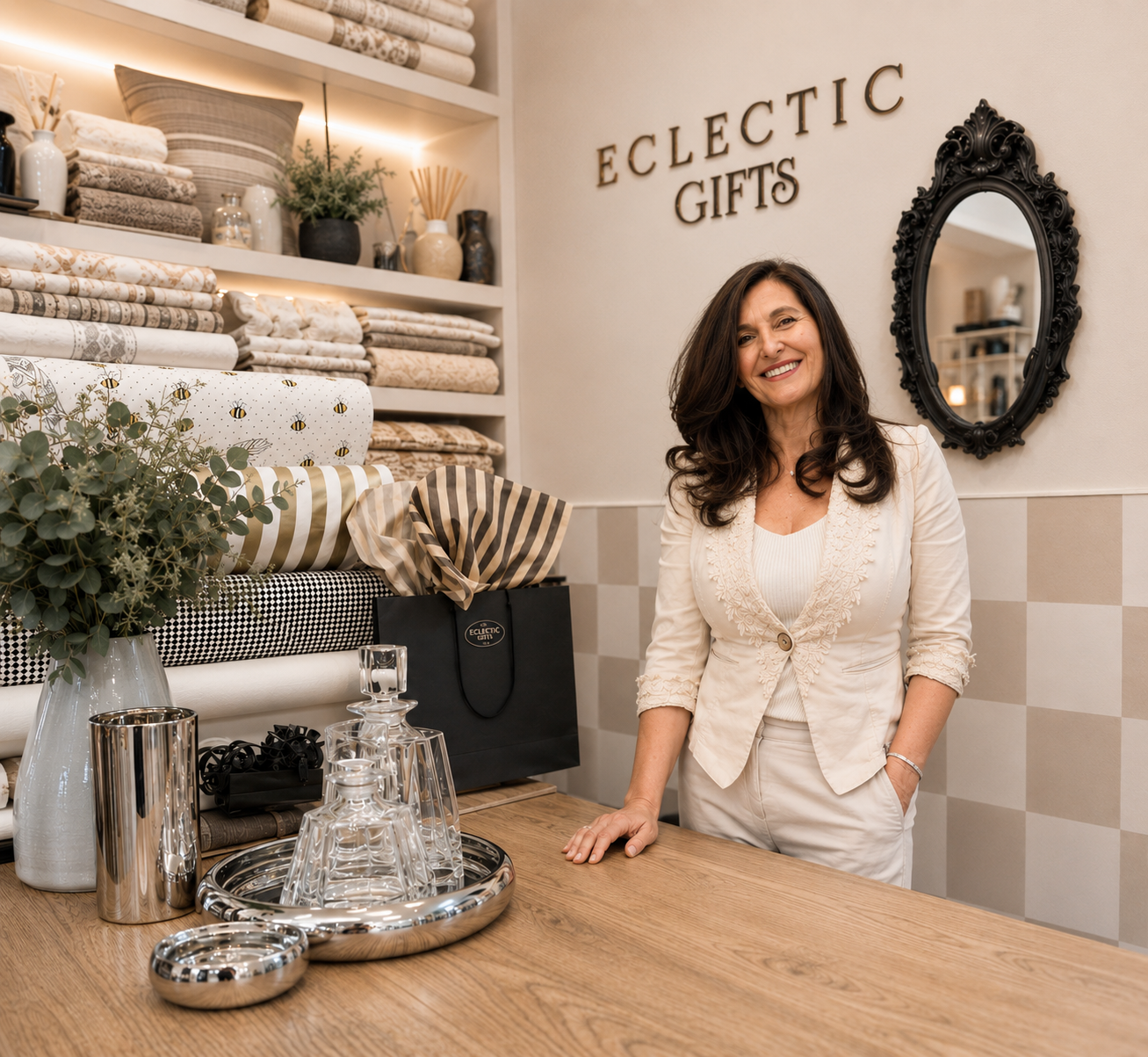 Tracey, founder of Eclectic Gifts, standing inside the store surrounded by luxury home décor and gifts.